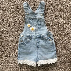 Overalls with Distressed Hem and Lace Trim
